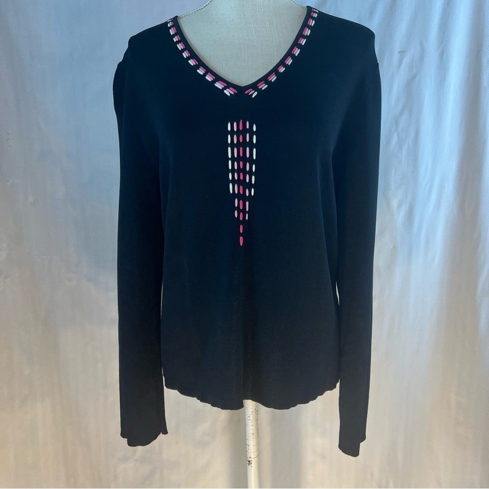 Carducci Vintage Sweater Black Pink  Detail V Neck Long Sleeve Lightweight XL